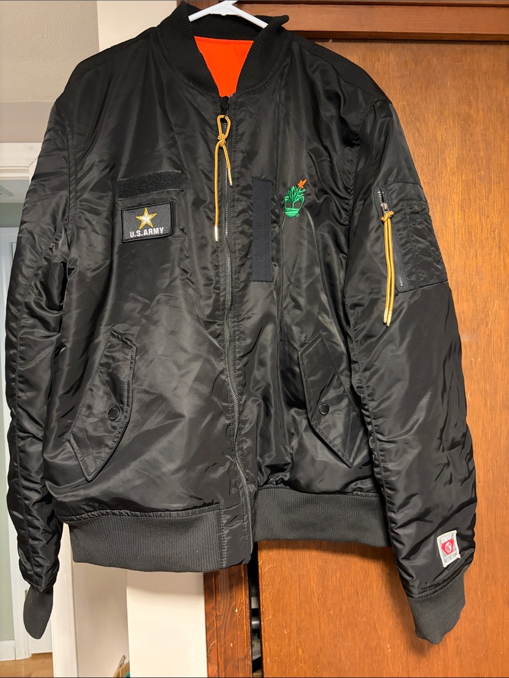 Timberland U.S. Army Black Bomber Jacket with Orange Lining and Yellow Accents